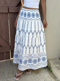 Daiiibabyyy  Bohemian vacation Flower Print Contrast Color Ethnic Loose All Match Long Skirts
