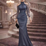 Daiiibabyyy  Elegant Party Wedding Guest Dress Off Shoulder Long Sleeve Mermaid Dresses High Waist Ruched Evening Dress Floor Length Maxi