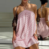 DAIIIBABYYY  -  Summer Hollow Out Backless Casual Dress New Fashion Sleeveless Lace Up Beach Dress Woman Elegant Stripe Print Halter Party Dress