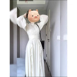 Daiiibabyyy  New Autumn French Style Long Sleeves Pleated Waist High-end Advanced Elegant Temperature Niche  Dresses for Women