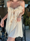 Daiiibabyyy  French Temperament Solid Ruffles Spaghetti Strap V Neck A-LINE Short Off Shoulder Dresses