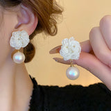 Daiiibabyyy -  Sweet 2 Designs White Color Crystal Simulated Pearl Miyuki Flower Long Drop Earrings for Women Statement Party Jewelry