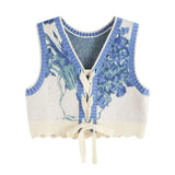 DAIIIBABYYY  -  Women's Ethnic Style V-neck Sleeveless Knitted Vests Spring Autumn Niche Jacquard Lace-up Casual All-match Short Vest Jackets