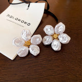 Daiiibabyyy  Korean Sweet Baroque Flat Pearl Flower Stud Earrings Elegant Temperament Floral Earring for Women Wedding Party Fashion Jewelry