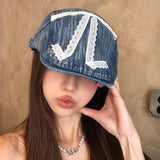 DAIIIBABYYY  -  Personalized Lace Bow Design Washed Denim Forward Hats Women Spring Summer Travel Fashion Versatile Sun Protection Retro Berets