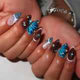 Daiiibabyyy  24PCS Dark Blue Gradient French False Nails Swirls Pattern Glossy Polka Dots Almond Press on Nails Wearable Sweet Cool Fake Nail