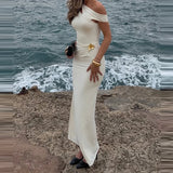 Daiiibabyyy  Elegant Short Sleeve Hollow Long Dress Women Sexy Draped Slim Solid Gown Fashion Hight Waist Slant Shoulder Bodycon Dress