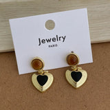 Daiiibabyyy  French Natural Stone Tiger Eyes Metal Heart Hanging Dangle Earrings for Women Gold Plated Alloy Statement Party Jewelry