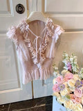Daiiibabyyy  Kawaii Pink Shirts Women Cutecore Cropped Ruffles Chiffon Blouses Summer Ladies Fashion Korean Lace Up Flying Sleeve Tops