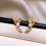 Daiiibabyyy  Silver Needle Zircon Pearl Bird Earrings for Women New Chinese Retro Stud Earring Light Luxury High-end Jewelry Gifts