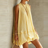 Daiiibabyyy  Elegant O-neck Solid A-Line Summer Dress Fashion Hight Waist Sweet Style Party Dresses Short Sleeve Pleated Mini Dress For Women