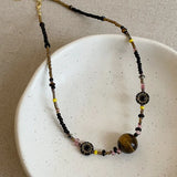 Daiiibabyyy  High Quality Mix Color Natural Stone Tiger Eyes Glass Beads Flower Coin Pendant Necklaces for Women Ladies Strand Chokers