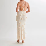 Daiiibabyyy  3D Flower Knitted Long Cami Dress Beach Holiday Women Backlss Cross Tie Up Maxi Dress Summer Sleeveless Cocktail Bodycon Dress