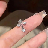 Daiiibabyyy  1Pcs Pink Zircon Heart Bowknot Chain Ear Bone Nail For Women Girls Sweet Cute Silver Color Piercing Earrings Y2K Jewelry