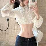 Daiiibabyyy  Spring White Lace Spliced Crop Shirt Women Stand Collar Long Sleeve Standard Shoulder Slim Casual Streetwear Tops