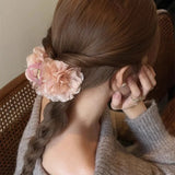 Daiiibabyyy  1PCShimmering Floral Hair Claw Clips For Women Elegant Pink White Fabric Flower Hair Clip Sweet Fashion Hair Accessory For Daily