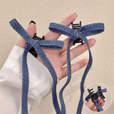 Daiiibabyyy  Retro Denim Bow Hair Clips for Women Blue Ribbon Twist Braids Ponytail Small Hair Claw Sweet Versatile Hair Accessories Gift New