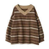 Daiiibabyyy  Women's Winter Clothes Woman V Neck Long Sleeve Loose Fit Oversized Striped Color Block Cotton Blend Hip Length Sweater Female