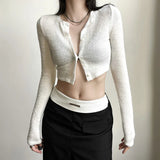 DAIIIBABYYY  -  New Women's Solid Color Slim Fit with Exposed Navel Fashion Round Neck Long Sleeved Cardigan T-shirt for Women