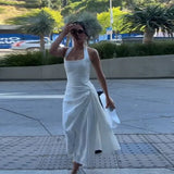 Daiiibabyyy  Elegant White Halter A-line Dress Women Minimalist Pleat Splice Square Neck Backless Lace Up Vestido Summer Date Party Gown