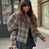 DAIIIBABYYY  -  Woman Autumn Fashion Vintage Woolen Jacket Plaid O-Neck Long Sleeves Buttons Double Breasted Female Chic Streetwear Style Coats