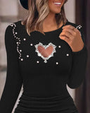 DAIIIBABYYY  -  Dresses for Women New Diamond Pearl Hollow Heart Beaded Ribbed Bodycon Dress Knitted Puff Long Sleeve O-Neck Dress