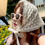 Daiiibabyyy  Lace Flower Elegant Lace Women Flower White Pink Sweet Triangle Scarf Thin Breathable Ribbon Artistic Style Travel Photo Decora