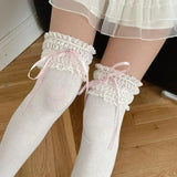 DAIIIBABYYY  -  Japanese Lolita Lace Cotton Calf-length Socks Sweet Bow Ribbon Kawaii Women Long Socks Drawstring JK Cosplay Accessories