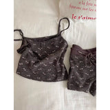 Daiiibabyyy  2Cute Bow Print Ribbed Loungewear Set Women Adjustable Thin Strap Tank Top Elastic Short Pants Daily Nightwear