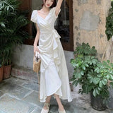 DAIIIBABYYY  -  White V-neck Lace Up Short Sleeved Dress Women Summer New Lotus Leaf Edge Waist Cinching Slim Temperament Long Dresses