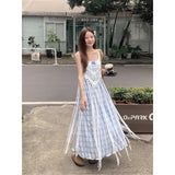 DAIIIBABYYY  -  Two Piece Dress Hollow Out Solid Tassels Fold Through Off Shoulder Dresses Plaid Pleated A-line Blue Skirts Summer Female Outfit