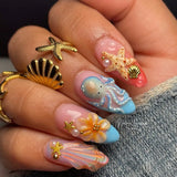 Daiiibabyyy  24Pcs French White Gradient Almond Press on Nails Flower Pattern False Nails with 3D Rhinestone Design Fake Nail Art