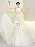 Daiiibabyyy  White Simple A-Line Korea Wedding Dresses Women Halter Soft Tulle Floor Length Elegant Bridal Gowns 웨딩드레스 Customized Corsets
