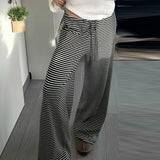 Daiiibabyyy  Casual Striped Pants Draped Floor-Length Women Autumn All-season Multiple Styles High Waist Tie Straight Comfortable Home Pants