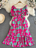 DAIIIBABYYY  -  Summer Women Square Collar Printed Midi Dress Elegant Short Puff Sleeve High Waist Ruffle Hem A-Line Vacation Beach Vestidos New