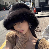 Daiiibabyyy  Big Fluffy Faux Fur Bucket Hat for Women Luxury Plush Fisherman Hat Warm Winter Hat Thicken Cold Snowy Day Panama Cap