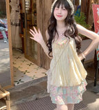 DAIIIBABYYY  -  Ethnic Style Pink Green Floral Pleated Sling Loose Flower Bud Women Summer New Dopamine Patchwork Square Neck Slip Dress