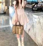 Daiiibabyyy  Pink Polka Dot Doll Collar Mini Dress Women's Summer New Style French Waist Cinched Beautiful Bud Short Skirt Dress