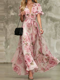Daiiibabyyy  Sexy V-neck Lace-Up Waist Sweet Long Dress Elegant Flower Print Bohe Party Dress Women Casual Lotus Leaf Sleeve Holiday Dresses