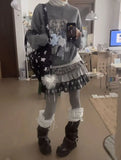 Daiiibabyyy  New American Style Girl Vintage Gray Tone Retro Polka Dot Striped Star Patchwork Bead Cake Skirt Women