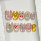 Daiiibabyyy  10pcs Handmade False Nails Art Blue Gradient Short Square Round Press on Nails Tips Cute Bow Button Fake Nail Set Denim Manicure