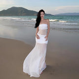 DAIIIBABYYY  -  Summer Holiday Fashion Strapless White Long Dress Women Sexy Hot Sheer Transparent Mesh Dress Robe Vacation Seaside Fairy Dress