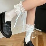 DAIIIBABYYY  -  Sweet Lace Cotton Mid-calf Socks Japanese Lolita Bow Ribbon Lolita Women Short Socks Drawstring JK Cosplay Accessories