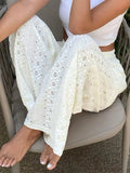 Daiiibabyyy  Elegant Simple Vacation Trouser Casual Solid Color Lace Hollow Out Long Pants Summer Fashion Elastic Waist Women's Commute Pants