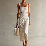 Daiiibabyyy  Elegant Side Slit Hight Waist Slim Summer Dress  Women Casual Draped Party Dresses Fashion Square Neck Hollow Out Long Dress