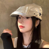 Daiiibabyyy  New Silver PU Leather Forward Hats for Women Spring and Autumn Travel Fashion Versatile Street Trend Yuppie Berets Cap Men