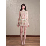 Daiiibabyyy  2 Piece Set Women Outfits Floral Chiffon Halter Shirts Korean Ruffles Patchwork Mini Skirt Summer Fashion Design Matching Sets