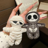 Daiiibabyyy  Cute Skeleton Halloween Plush Keychain Skull Stuffed Bag Pendant Keyring Mummy Style Key Hanging Bag Decoration