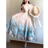 DAIIIBABYYY  -  Summer New Chinese Style Sleeveless Halter Fashion Ombre Solid Color Printed Women's Clothing Temperament Thin Long Dress