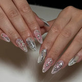 Daiiibabyyy  24pcs Y2k Almond Fake Nails Colorful Stripes French Style False Nail Metal Star Pearl Decor Press On Nails Spicy Girl Manicure